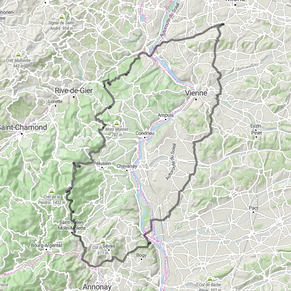 Miniatura della mappa di ispirazione al ciclismo "Gran Tour delle Montagne del Rodano" nella regione di Rhône-Alpes, France. Generata da Tarmacs.app, pianificatore di rotte ciclistiche
