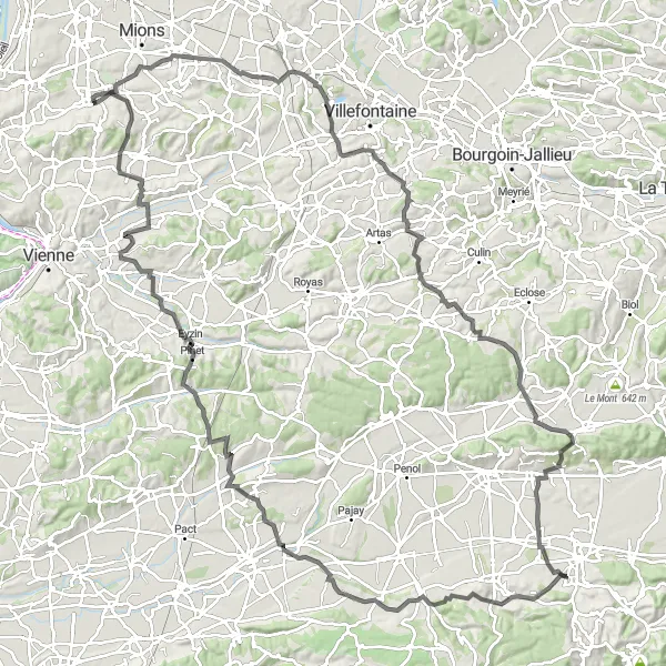 Zemljevid v pomanjšavi "Road Route Marennes - Le Haut d'Illins" kolesarske inspiracije v Rhône-Alpes, France. Generirano z načrtovalcem kolesarskih poti Tarmacs.app