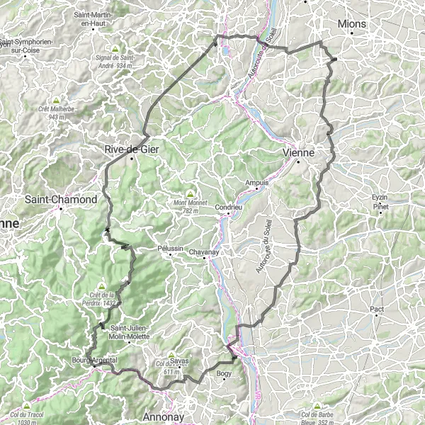 Miniatua del mapa de inspiración ciclista "Ruta por Carretera a Saint-Clair" en Rhône-Alpes, France. Generado por Tarmacs.app planificador de rutas ciclistas