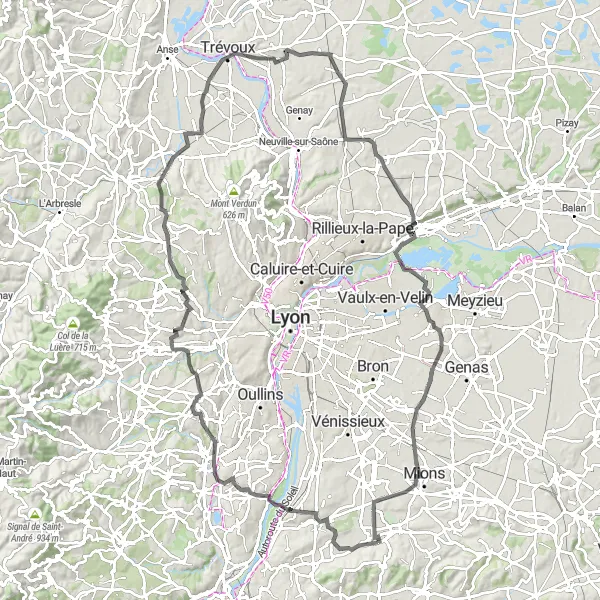 Miniatua del mapa de inspiración ciclista "Ruta Escénica a La Tour-de-Salvagny" en Rhône-Alpes, France. Generado por Tarmacs.app planificador de rutas ciclistas