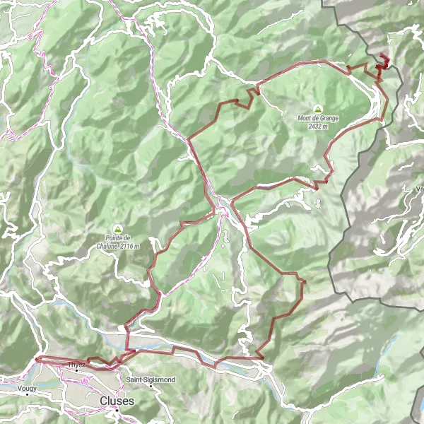 Zemljevid v pomanjšavi "Marignier do Marignier Gravel Cycling Route" kolesarske inspiracije v Rhône-Alpes, France. Generirano z načrtovalcem kolesarskih poti Tarmacs.app