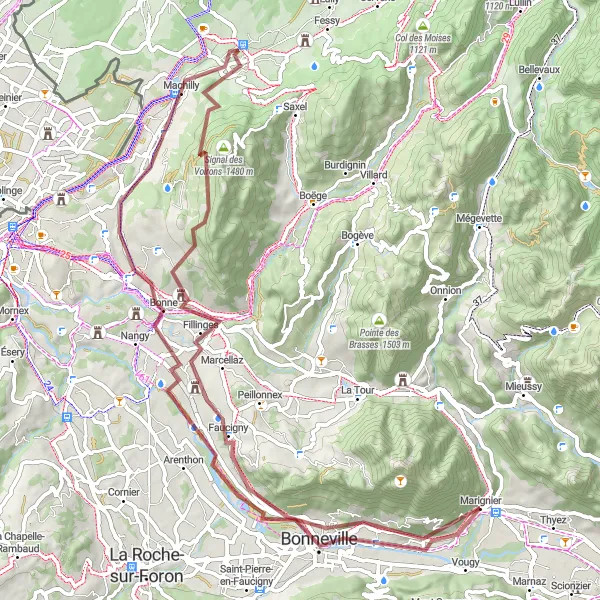 Miniatuurkaart van de fietsinspiratie "Avontuurlijke graveltocht vanuit Marignier" in Rhône-Alpes, France. Gemaakt door de Tarmacs.app fietsrouteplanner