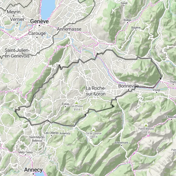 Miniature de la carte de l'inspiration cycliste "Tour de la Dent" dans la Rhône-Alpes, France. Générée par le planificateur d'itinéraire cycliste Tarmacs.app