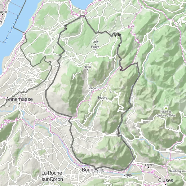 Miniatua del mapa de inspiración ciclista "Ruta de ciclismo de carretera a través de Bonneville y Château Vieux" en Rhône-Alpes, France. Generado por Tarmacs.app planificador de rutas ciclistas