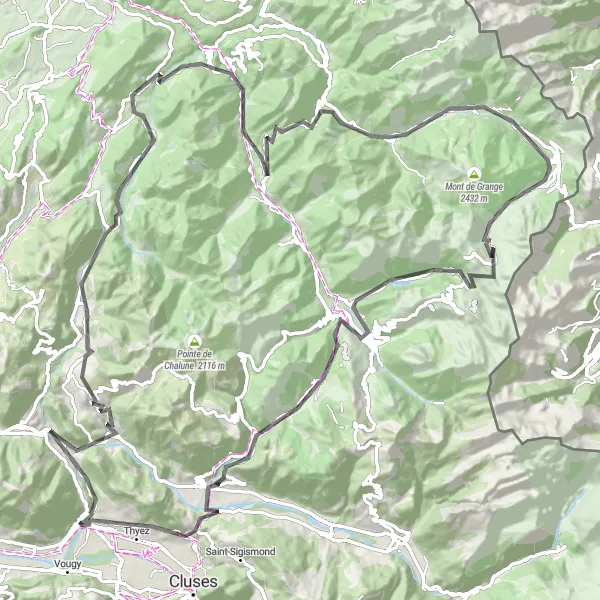Miniatura della mappa di ispirazione al ciclismo "Tour in bici tra Château Vieux e Thyez" nella regione di Rhône-Alpes, France. Generata da Tarmacs.app, pianificatore di rotte ciclistiche
