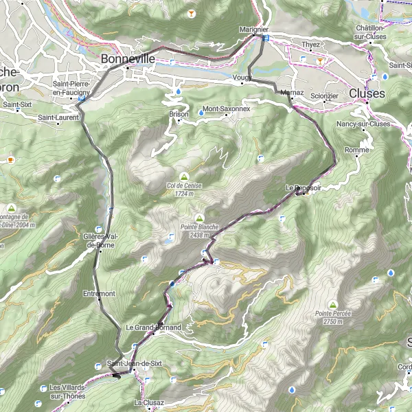 Miniatua del mapa de inspiración ciclista "Desafío en carretera a través de Le Reposoir y Col de la Colombière" en Rhône-Alpes, France. Generado por Tarmacs.app planificador de rutas ciclistas