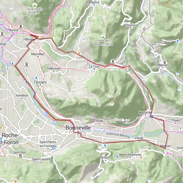 Miniaturekort af cykelinspirationen "Grusvej cykelrute fra Marnaz" i Rhône-Alpes, France. Genereret af Tarmacs.app cykelruteplanlægger