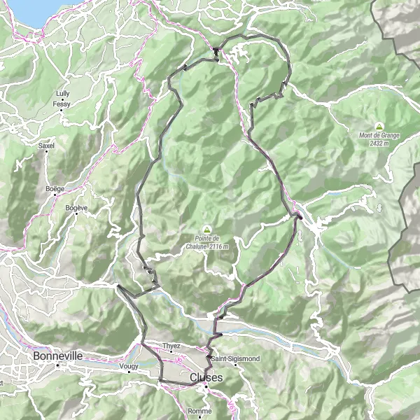 Miniatura mapy "Trasa w okolicach Marnaz - Château Vieux - Mieussy - Mégevette - Les Trables - La Vernaz - Roc de Cey - Col du Corbier - Le Biot - Essert-Romand - Col des Gets - Cluses" - trasy rowerowej w Rhône-Alpes, France. Wygenerowane przez planer tras rowerowych Tarmacs.app