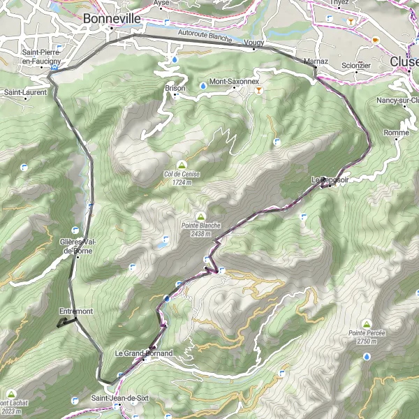 Map miniature of "Scenic Road Ride to Col de la Colombière" cycling inspiration in Rhône-Alpes, France. Generated by Tarmacs.app cycling route planner