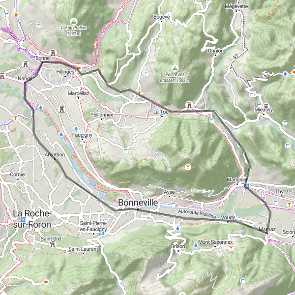 Miniaturní mapa "Road Marnaz - Marignier" inspirace pro cyklisty v oblasti Rhône-Alpes, France. Vytvořeno pomocí plánovače tras Tarmacs.app