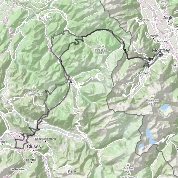 Map miniature of "Challenging Route with Spectacular Views" cycling inspiration in Rhône-Alpes, France. Generated by Tarmacs.app cycling route planner