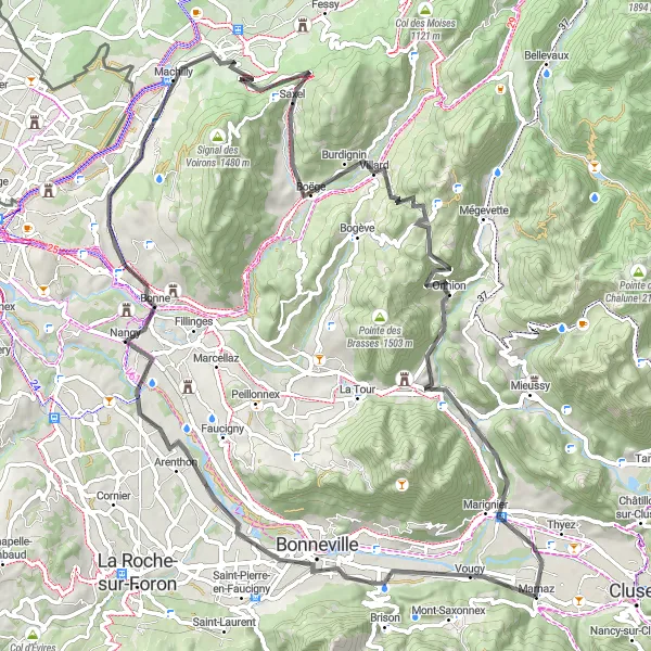 Kartminiatyr av "Upplev Vougy till Onnion" cykelinspiration i Rhône-Alpes, France. Genererad av Tarmacs.app cykelruttplanerare
