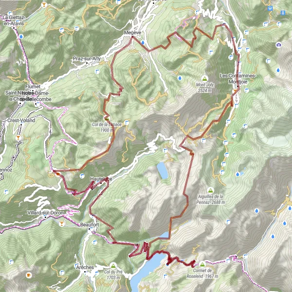 Map miniature of "Megève to Les Saisies" cycling inspiration in Rhône-Alpes, France. Generated by Tarmacs.app cycling route planner