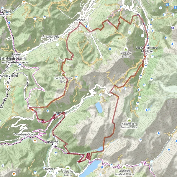 Miniatua del mapa de inspiración ciclista "Ruta de Grava Megève - Col des Saisies" en Rhône-Alpes, France. Generado por Tarmacs.app planificador de rutas ciclistas