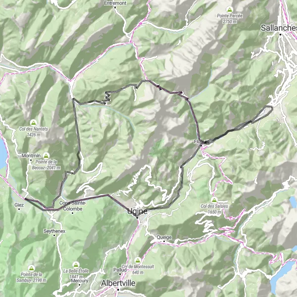 Zemljevid v pomanjšavi "Kolesarjenje okoli Megève - Cohennoz" kolesarske inspiracije v Rhône-Alpes, France. Generirano z načrtovalcem kolesarskih poti Tarmacs.app