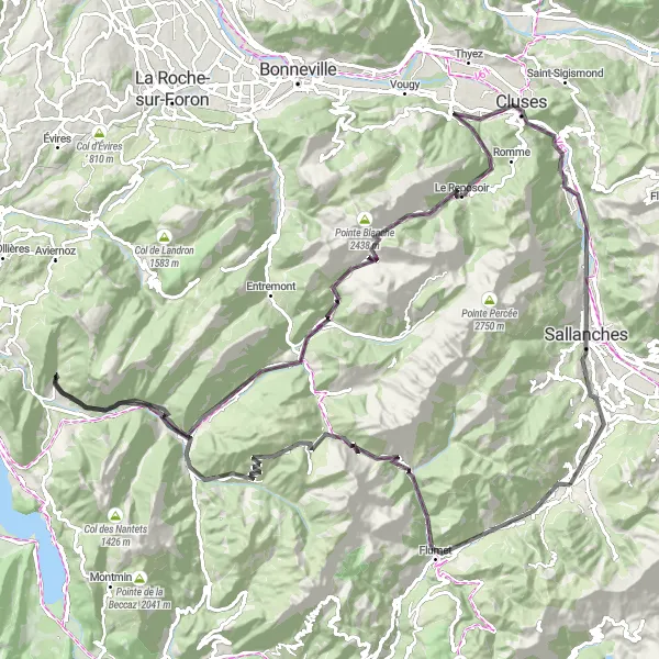 Miniaturní mapa "Okruh kolem Megève přes Col des Aravis" inspirace pro cyklisty v oblasti Rhône-Alpes, France. Vytvořeno pomocí plánovače tras Tarmacs.app