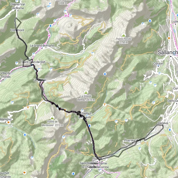 Miniaturní mapa "Cestní cyklotrasa směrem od Megève" inspirace pro cyklisty v oblasti Rhône-Alpes, France. Vytvořeno pomocí plánovače tras Tarmacs.app