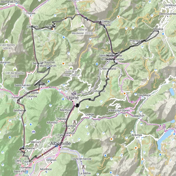 Map miniature of "Megève to Col de l'Épine" cycling inspiration in Rhône-Alpes, France. Generated by Tarmacs.app cycling route planner