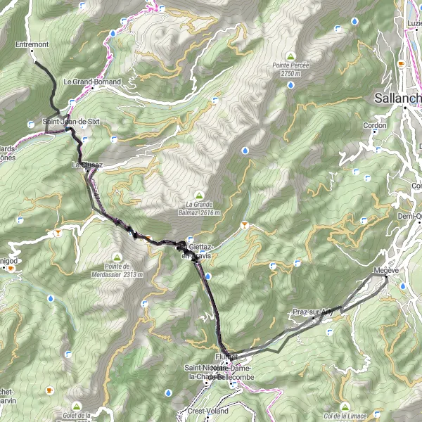 Miniatua del mapa de inspiración ciclista "Ruta de Carretera Megève - La Clusaz" en Rhône-Alpes, France. Generado por Tarmacs.app planificador de rutas ciclistas