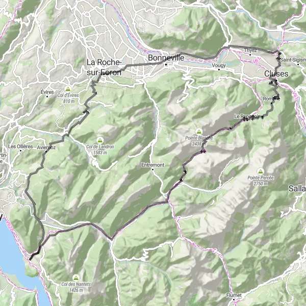 Kartminiatyr av "Utmanande cykeltur nära Menthon-Saint-Bernard" cykelinspiration i Rhône-Alpes, France. Genererad av Tarmacs.app cykelruttplanerare