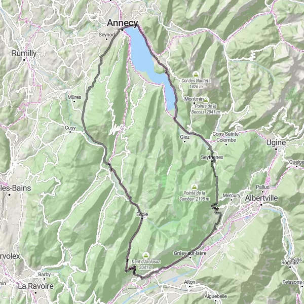 Map miniature of "Mountainous Loop" cycling inspiration in Rhône-Alpes, France. Generated by Tarmacs.app cycling route planner