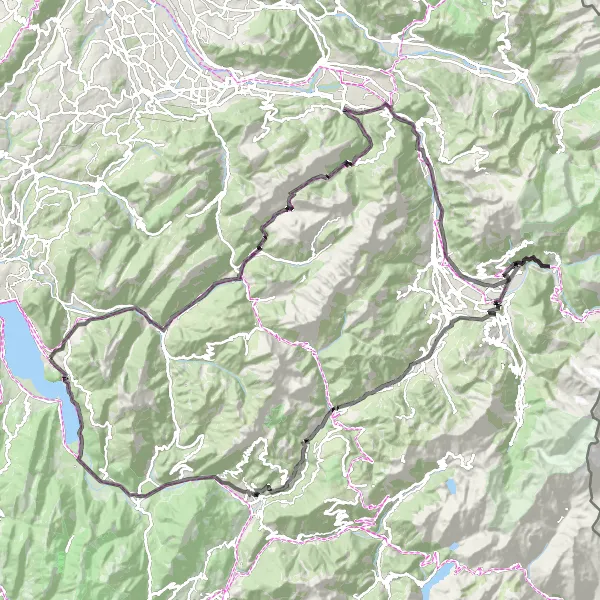 Karttaminiaatyyri "Ammattilaisten pyöräilyhaaste Alppien ympäristössä" pyöräilyinspiraatiosta alueella Rhône-Alpes, France. Luotu Tarmacs.app pyöräilyreittisuunnittelijalla