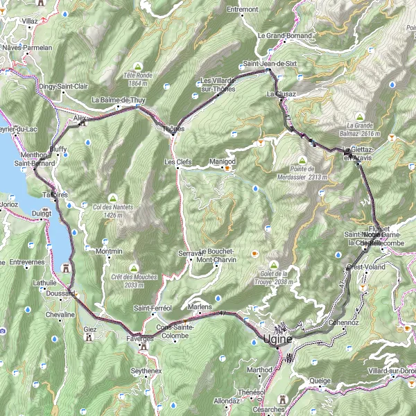 Map miniature of "Thônes Loop" cycling inspiration in Rhône-Alpes, France. Generated by Tarmacs.app cycling route planner