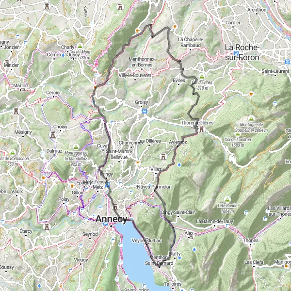 Zemljevid v pomanjšavi "Pretreseren in vzponi okoli Menthona-Saint-Bernarda" kolesarske inspiracije v Rhône-Alpes, France. Generirano z načrtovalcem kolesarskih poti Tarmacs.app