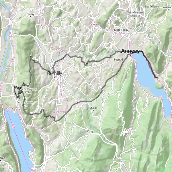 Miniatua del mapa de inspiración ciclista "Desafío en carretera con vistas espectaculares" en Rhône-Alpes, France. Generado por Tarmacs.app planificador de rutas ciclistas