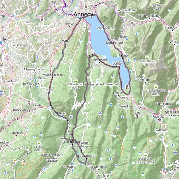 Miniaturní mapa "Cyklotrasa kolem Menthon-Saint-Bernard a okolí" inspirace pro cyklisty v oblasti Rhône-Alpes, France. Vytvořeno pomocí plánovače tras Tarmacs.app
