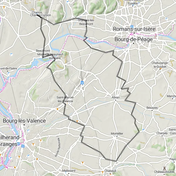 Miniature de la carte de l'inspiration cycliste "La campagne de la Drôme" dans la Rhône-Alpes, France. Générée par le planificateur d'itinéraire cycliste Tarmacs.app