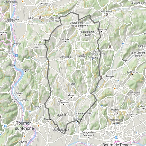 Miniaturekort af cykelinspirationen "Road trip til Tersanne-Col de la Pierrote" i Rhône-Alpes, France. Genereret af Tarmacs.app cykelruteplanlægger