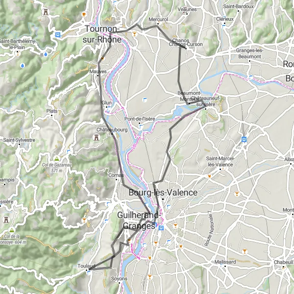 Miniatura della mappa di ispirazione al ciclismo "Escursione di 61 km tra Mercurol e Valence" nella regione di Rhône-Alpes, France. Generata da Tarmacs.app, pianificatore di rotte ciclistiche