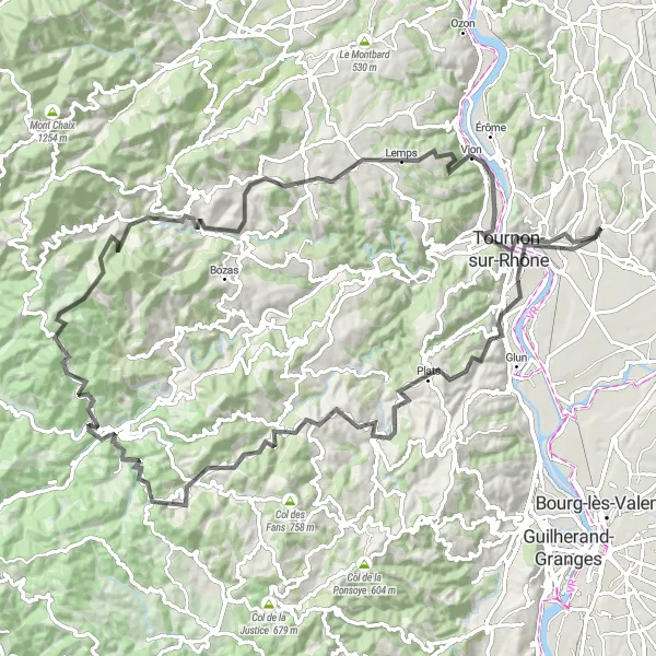 Miniature de la carte de l'inspiration cycliste "Les châteaux de la Drôme" dans la Rhône-Alpes, France. Générée par le planificateur d'itinéraire cycliste Tarmacs.app