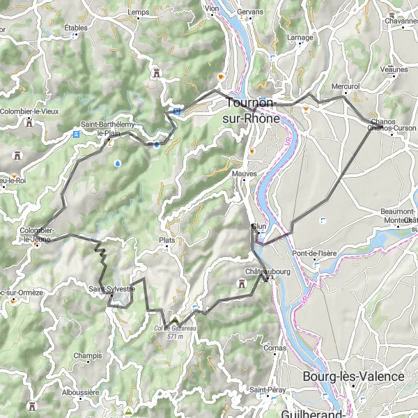 Miniature de la carte de l'inspiration cycliste "Les collines de l'Ardèche" dans la Rhône-Alpes, France. Générée par le planificateur d'itinéraire cycliste Tarmacs.app