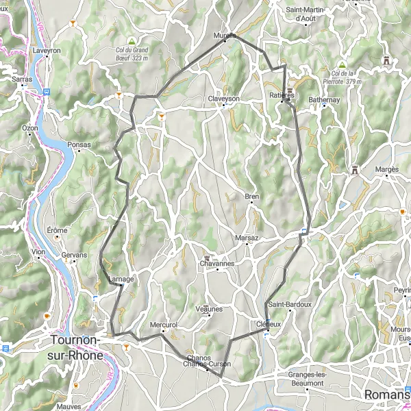 Miniature de la carte de l'inspiration cycliste "Les collines pittoresques de la Drôme" dans la Rhône-Alpes, France. Générée par le planificateur d'itinéraire cycliste Tarmacs.app