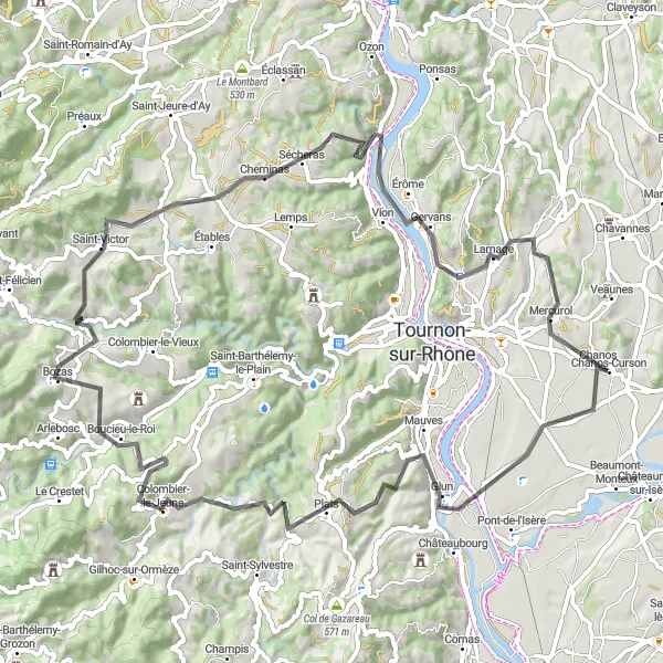 Miniaturní mapa "Poutavá cyklotrasa na silnici" inspirace pro cyklisty v oblasti Rhône-Alpes, France. Vytvořeno pomocí plánovače tras Tarmacs.app