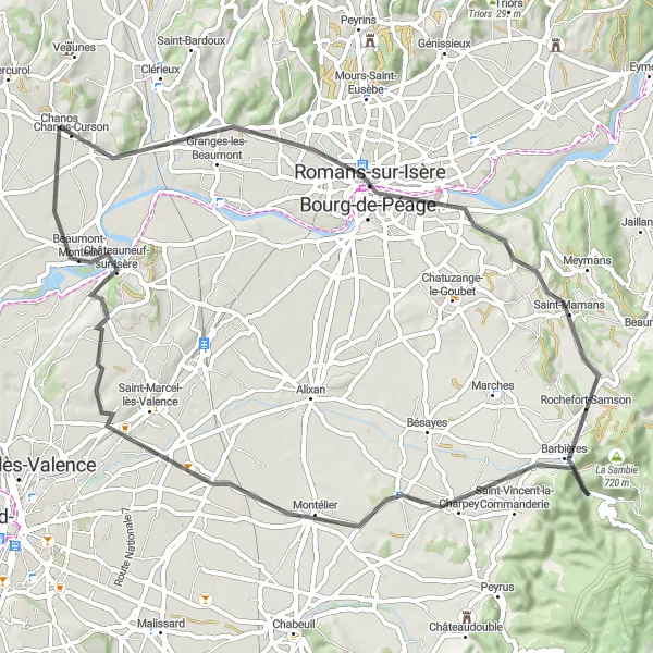 Miniature de la carte de l'inspiration cycliste "Les collines de la Drôme en route" dans la Rhône-Alpes, France. Générée par le planificateur d'itinéraire cycliste Tarmacs.app