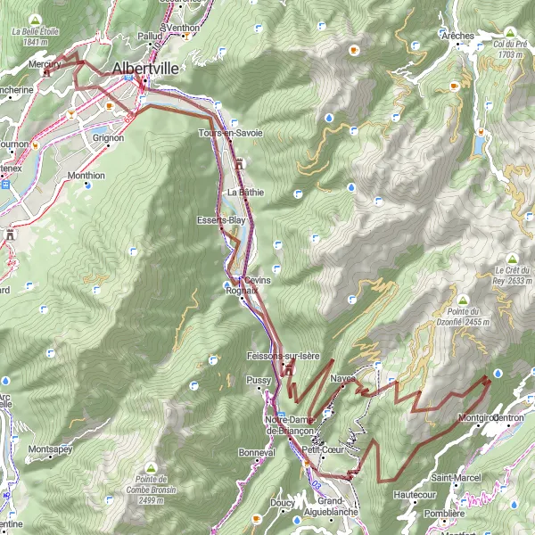 Zemljevid v pomanjšavi "Gravel pot do Mercuryja" kolesarske inspiracije v Rhône-Alpes, France. Generirano z načrtovalcem kolesarskih poti Tarmacs.app