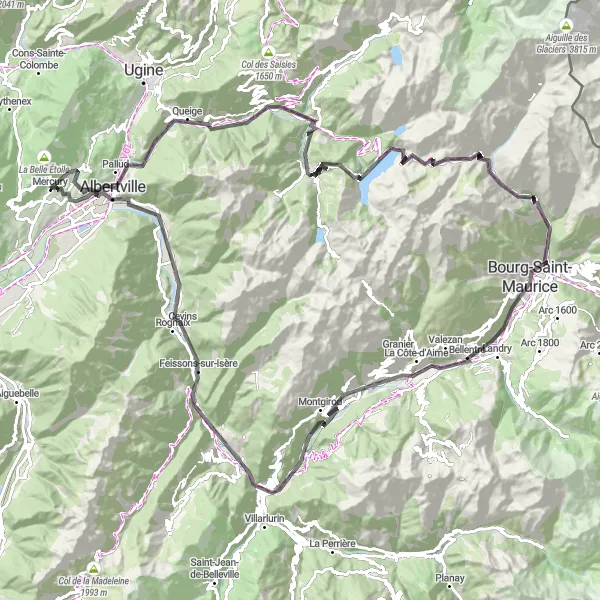 Miniatura della mappa di ispirazione al ciclismo "Giro in bicicletta tra i monti delle Alpi francesi" nella regione di Rhône-Alpes, France. Generata da Tarmacs.app, pianificatore di rotte ciclistiche