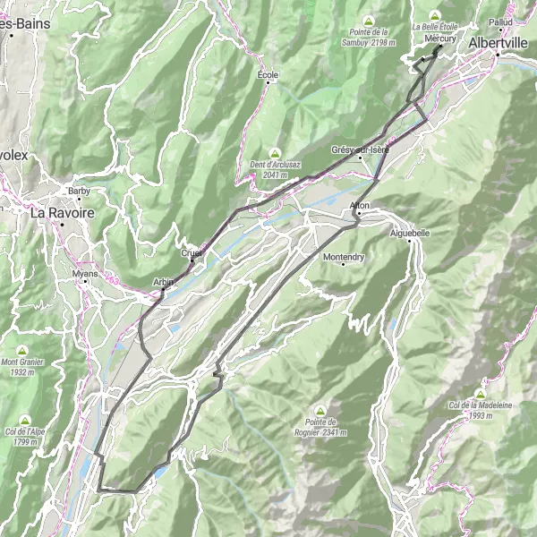 Miniaturní mapa "Jižní Alpy Road Cycling Adventure" inspirace pro cyklisty v oblasti Rhône-Alpes, France. Vytvořeno pomocí plánovače tras Tarmacs.app