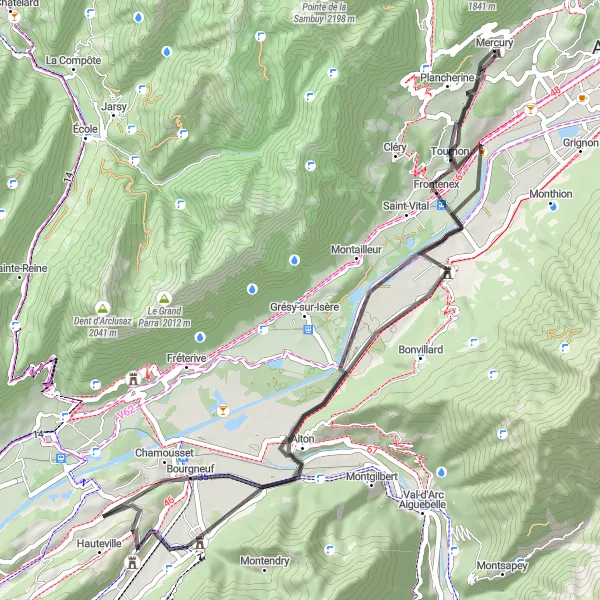 Map miniature of "The Château Loop" cycling inspiration in Rhône-Alpes, France. Generated by Tarmacs.app cycling route planner