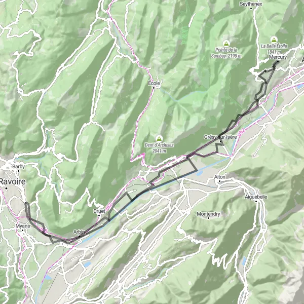 Zemljevid v pomanjšavi "Pustolovščina skozi slikovite pokrajine in zgodovinske kraje" kolesarske inspiracije v Rhône-Alpes, France. Generirano z načrtovalcem kolesarskih poti Tarmacs.app