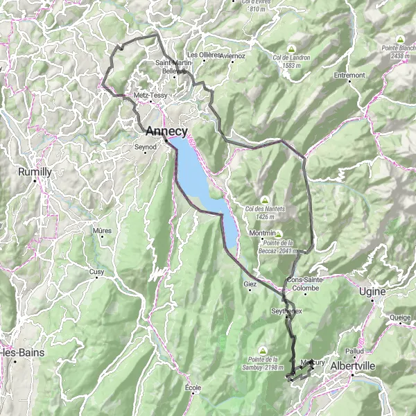 Mapa miniatúra "Okruhová cyklistická trasa na kolobežke v okolí Merkúra" cyklistická inšpirácia v Rhône-Alpes, France. Vygenerované cyklistickým plánovačom trás Tarmacs.app