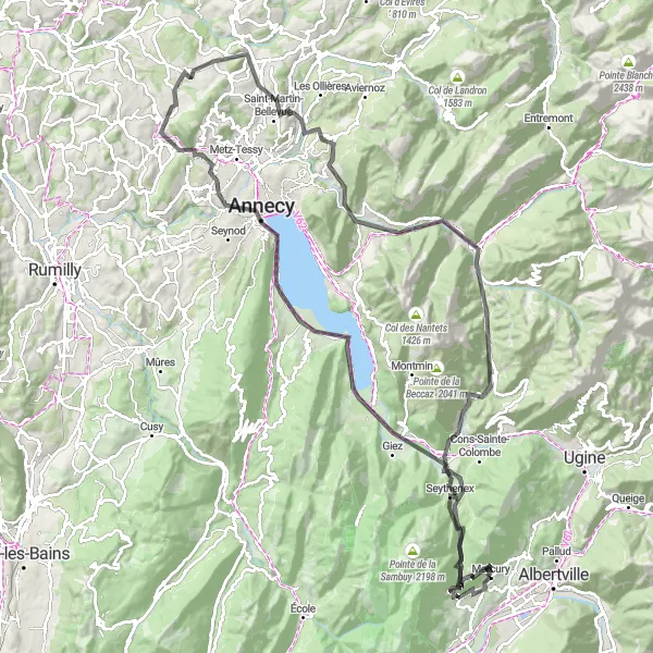 Karttaminiaatyyri "Haastava maantiereitti Tamién vuoristolla ja paluu Verrens-Arveyyn" pyöräilyinspiraatiosta alueella Rhône-Alpes, France. Luotu Tarmacs.app pyöräilyreittisuunnittelijalla