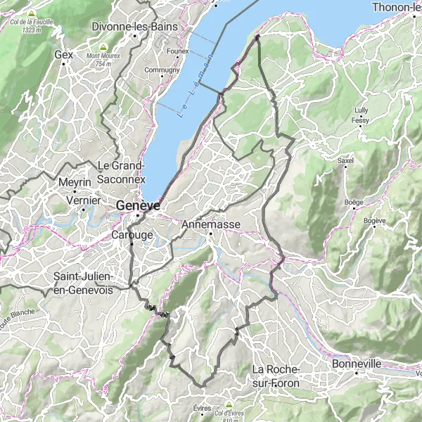 Kartminiatyr av "Utforsk Saint-Cergues til Chens-sur-Léman" sykkelinspirasjon i Rhône-Alpes, France. Generert av Tarmacs.app sykkelrutoplanlegger