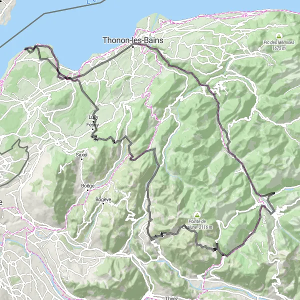 Kartminiatyr av "Utforsk Rhône-Alpes: Fra Messery til Montriond" sykkelinspirasjon i Rhône-Alpes, France. Generert av Tarmacs.app sykkelrutoplanlegger