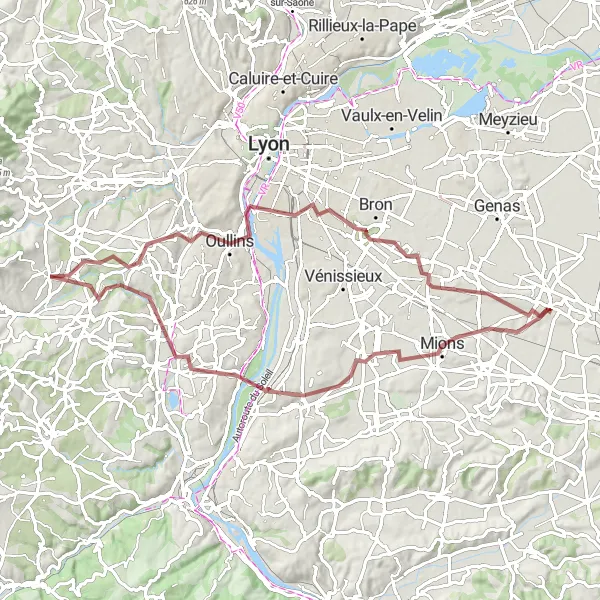 Miniatua del mapa de inspiración ciclista "Ruta de ciclismo de grava con 664m de ascenso en 76km" en Rhône-Alpes, France. Generado por Tarmacs.app planificador de rutas ciclistas