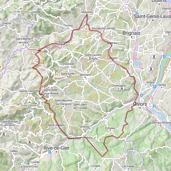 Kartminiatyr av "Utforskelse av Givors og Châteauneuf på Grusvei" sykkelinspirasjon i Rhône-Alpes, France. Generert av Tarmacs.app sykkelrutoplanlegger