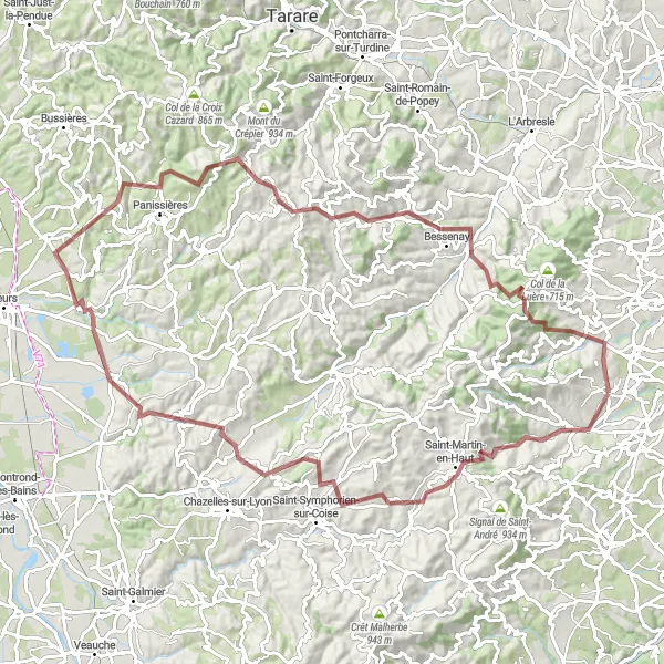 Zemljevid v pomanjšavi "Razgibana gravel pot do Point de vue Rochefort" kolesarske inspiracije v Rhône-Alpes, France. Generirano z načrtovalcem kolesarskih poti Tarmacs.app